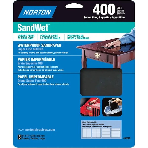 Norton Co 9" x 11" SandWet Wet or Dry Sanding Sheets 400-Grit, PK 5 48060 - main